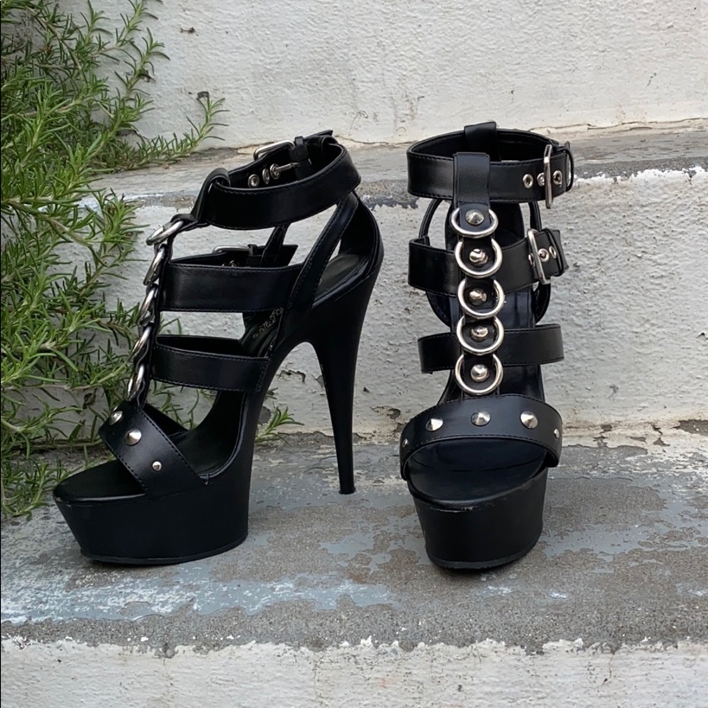 PLEASER Black Pleather Platform Stilettos w/ Studs